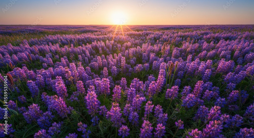 Fototapeta premium Vibrant purple wildflowers bloom across a vast field at sunrise, bathed in golden sunlight