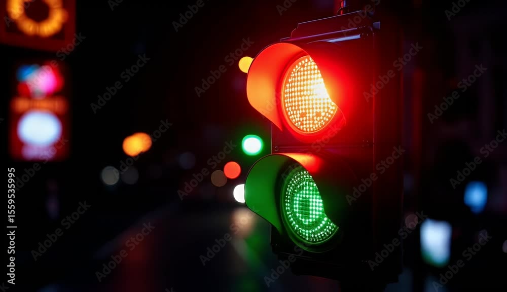Night Traffic Signal Red and Green Lights in City at Night