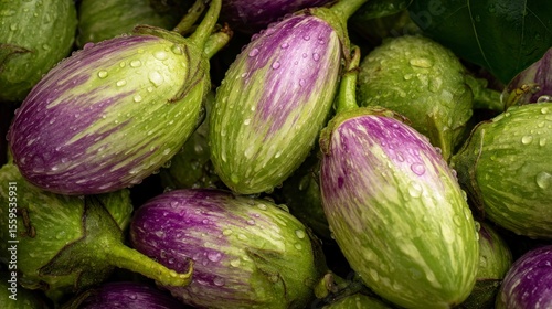 Fresh eggplants displaying purple and green hues ready for culinary use
