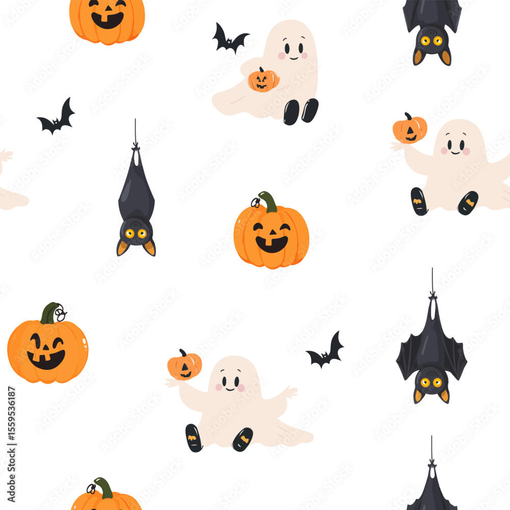Fototapeta premium Seamless Halloween pattern with ghost, skull, pumpkin and bats.