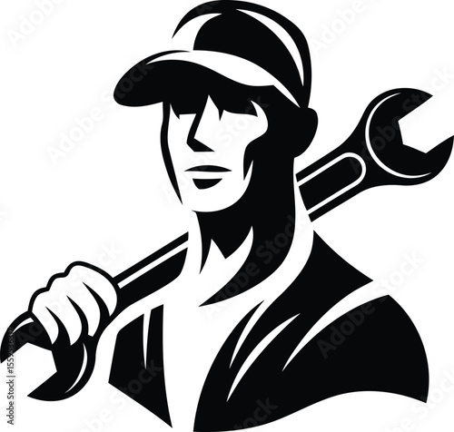 Simple and clean vector icon design of mechanic, Line art vector icon of mechanic, mechanic silhouette vector logo icon design