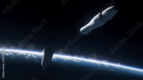 Space rocket leaving earth and releasing first stage
