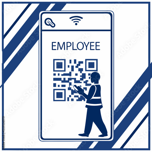 Employee identification badge with qr code and wifi symbol held by a person using a smartphone for access control or verification