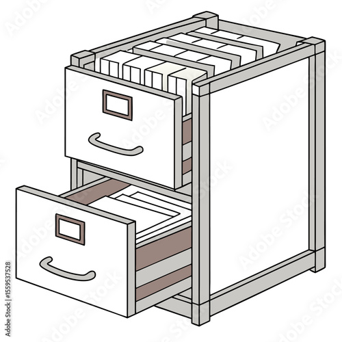 A simple isometric illustration of a two drawer filing cabinet with one drawer open revealing documents and files neatly organized inside