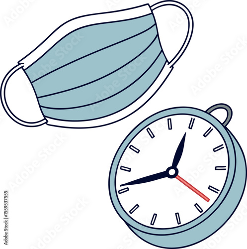 A simple illustration of a light blue surgical face mask with elastic ear loops and a round blue clock with black hands and a red second hand on a white background