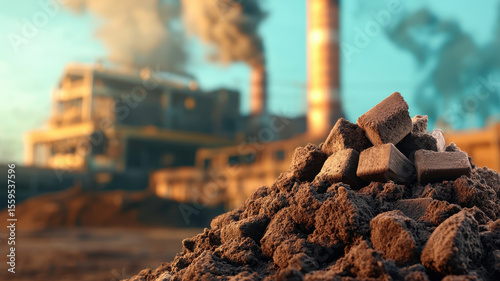 Coal pile close up with industrial factory in background producing heavy smoke in air during sunset