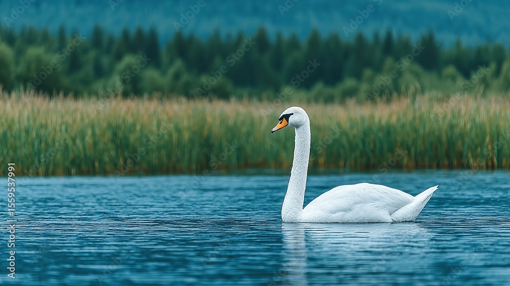 Obraz premium Majestic white swan glides across a serene lake.