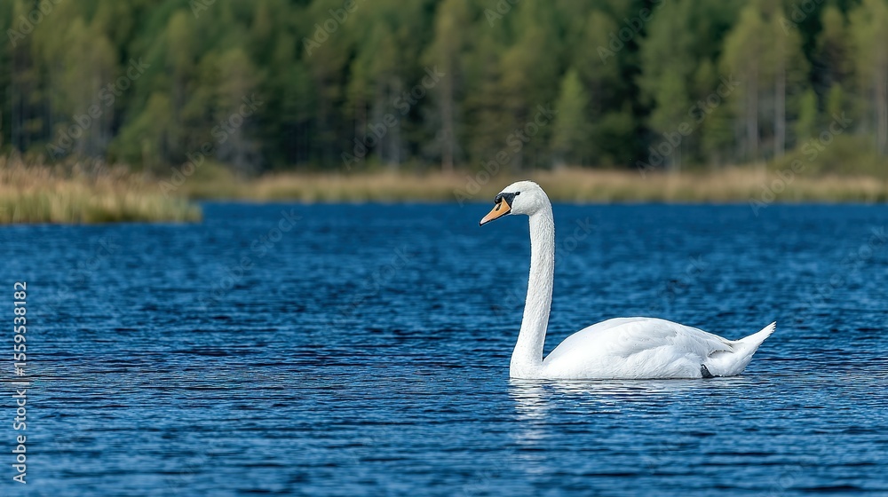 Fototapeta premium A white swan glides peacefully on a tranquil lake.