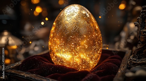 Golden Glittering Egg Displayed on Red Cushion Inside An Ornate Box with Warm Bokeh Light