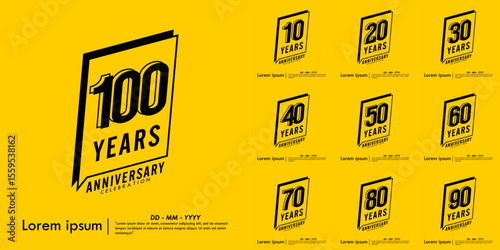 Set of 10-100th years anniversary celebration emblem. congratulations anniversary black logo isolated with speech ribbon badge on yellow background. vector illustration template design for web banner.