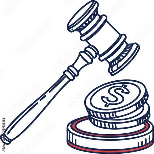 A stylized illustration of a dark blue outline gavel poised above a stack of coins featuring a dollar sign symbolizing legal and financial decisions