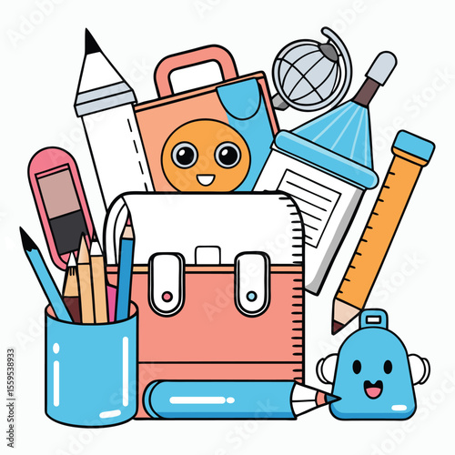 colorful back to school stationery vector cartoon illustration