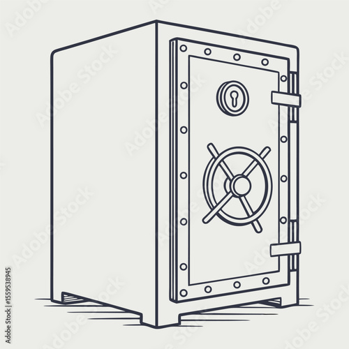 A stylized line art illustration of a classic bank vault door with a prominent circular dial and a keyhole symbolizing security and wealth