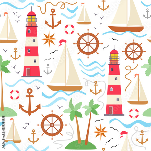 Marine seamless pattern with cute cartoon sailboat, steering wheel, anchor, compass, beacon, island, palms, waves, lifebuoy and rope on white background. Nautical print for fabric.