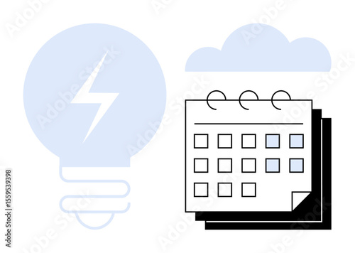 Light bulb with lightning bolt, calendar with highlighted dates, and cloud. Ideal for innovation, scheduling, time management, brainstorming, planning creativity efficiency. Simple flat metaphor