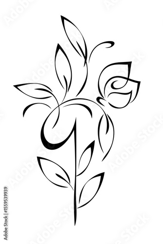 decorative stylized flower on a stem with leaves; graphic design