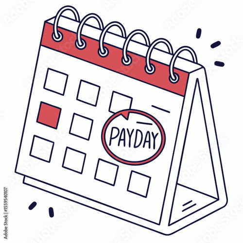 A simple hand drawn illustration of a desk calendar with the word payday circled on one of its blank squares signifying an important date