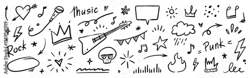Doodle icon drawn punk music sketch set. Punk brush stroke texture with grunge lightning, arrow, speech bubble icon. Vector drawn guitar, crown, fire, crayon arrow doodle line. Vector illustration