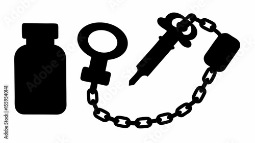 Silhouette of a medicine bottle female symbol syringe and a chain forming a bondage themed image art