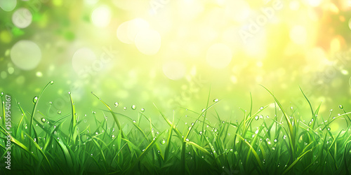 Sunlit Green Grass and Leaves with Glowing Bokeh Background

