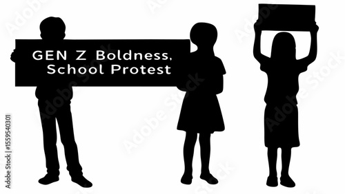 Silhouette of three children protesting with signs showing gen z boldness and school protest in black and white