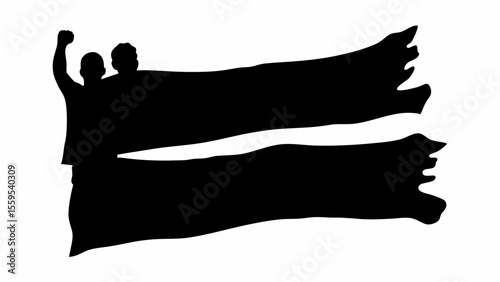 Silhouette of two people with raised fist standing behind a torn banner in black and white image