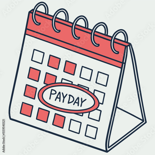 A simple cartoon illustration of a desk calendar with the word payday circled in red on one of its squares representing a significant date