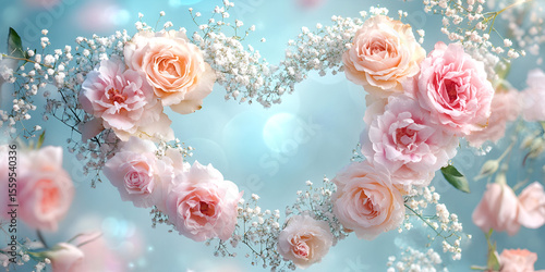Romantic Heart Shape Made of Pink Roses and Baby’s Breath on Soft Blue Background

