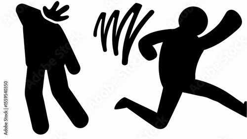 Stick figures depicting a person being hit with sound waves and another running away in black and white silhouette