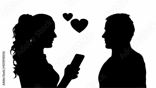 Silhouette of a woman using a phone with hearts above her head facing a man in silhouette love theme