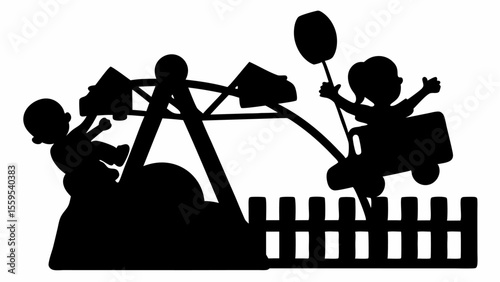 Silhouette of children on a ride with a balloon near a fence in a playful black and white scene