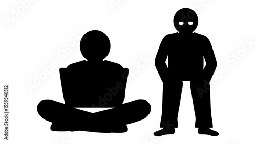 Silhouette of person seated with laptop and another standing with hands in pockets on white background