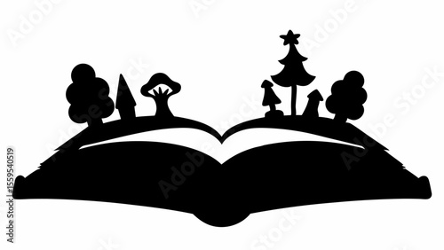 Silhouette of an open book with trees houses and a christmas tree on the pages creating a landscape