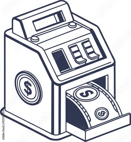 Stylized isometric line art illustration of a slot machine with a dollar bill being inserted into the payout tray symbolizing gambling and finance