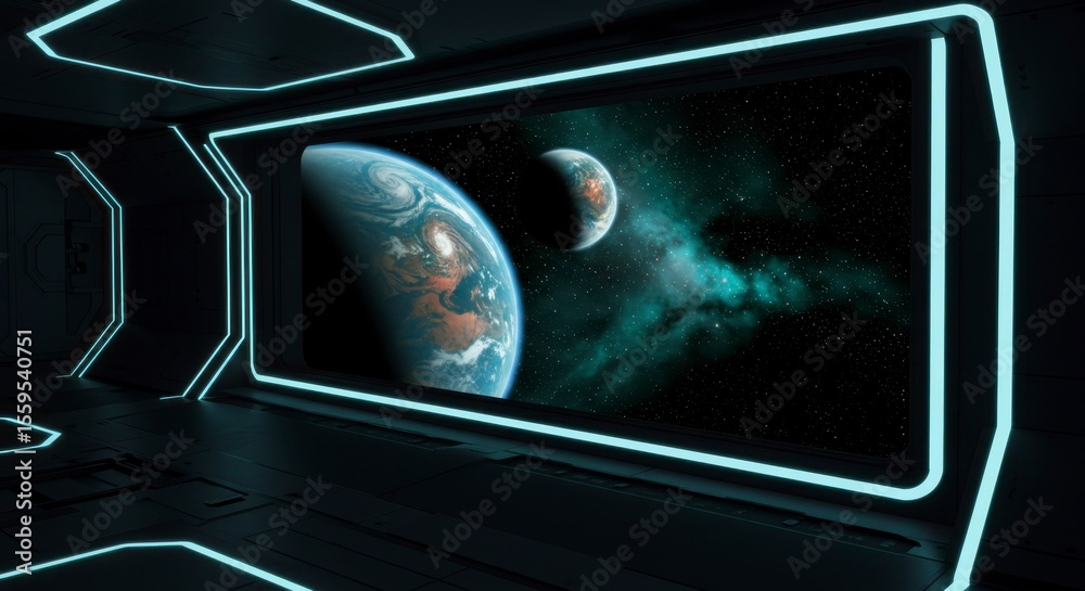 Fototapeta premium Futuristic spaceship interior with planets