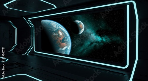 Fototapeta Naklejka Na Ścianę i Meble -  Futuristic spaceship interior with planets