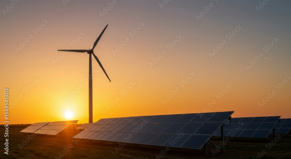 Obraz premium Sunset silhouettes of wind turbine and solar panels, representing sustainable energy generation