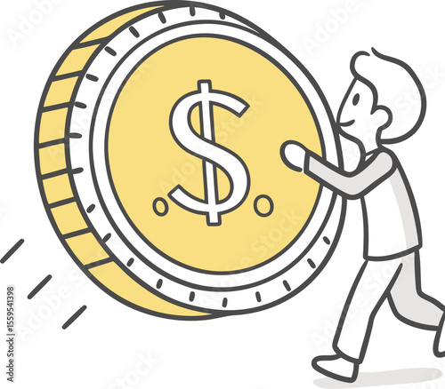 Whimsical cartoon stick figure man happily pushing a giant golden dollar coin with motion lines indicating movement and progress towards financial goals