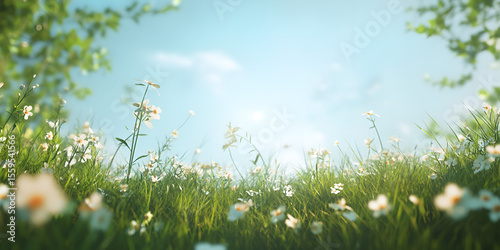Blooming Wildflower Meadow Under Sunny Blue Sky in Springtime

