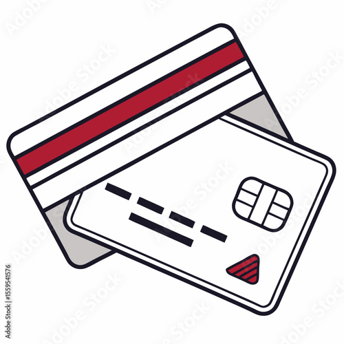Modern flat design illustration of a white credit card with a chip and magnetic stripe partially covered by another card with red and white stripes symbolizing financial transactions and payment