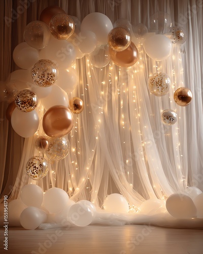 New Year's party lights, holiday decorations. Party event decoration Elegant balloon decor with lights for events.