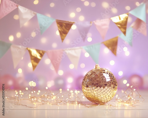 New Year's party lights, holiday decorations. Party event decoration Festive decor with lights and a disco ball.