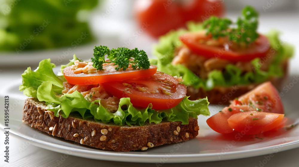 A close-up of a fresh, healthy tuna sandwich served on whole grain bread, with crisp lettuce and juicy tomato slices. One image shows the open-faced sandwich with ingredients separated A close-up of a fresh, healthy tuna sandwich served on whole grain bread, with crisp lettuce and juicy tomato slices. One image shows the open-faced sandwich with ingredients separated