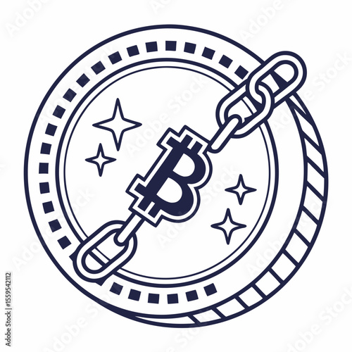 Stylized bitcoin symbol integrated with a chain link and sparkling stars within a circular coin outline representing digital currency and blockchain technology