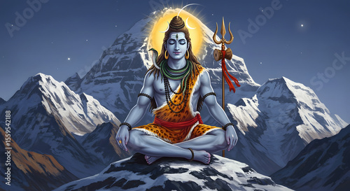 A serene depiction of Shiva meditating atop a snowy mountain range.