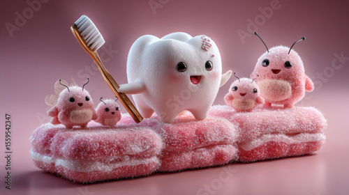 Fun toothbrush adventure with cute tooth characters whimsical setting toy figures playful environment cheerful concept
