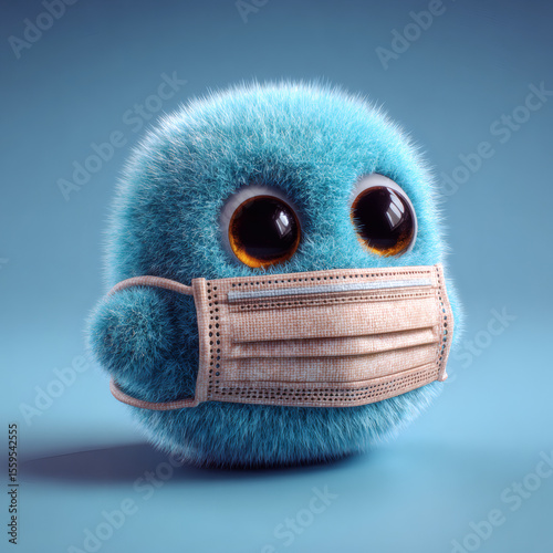 Quirky blue creature wearing a mask digital art studio setting whimsical concept for health awareness
