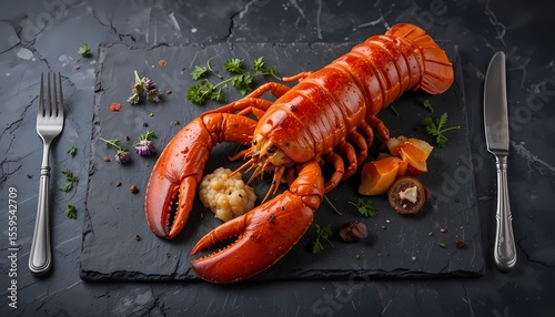 Boiled Lobster Dinner on Black Slate