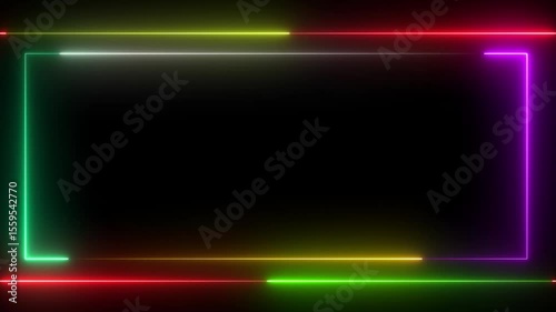 Glowing neon square frame animation and seamless loop background.Abstract moving neon square, rectangle frame animation on black background.