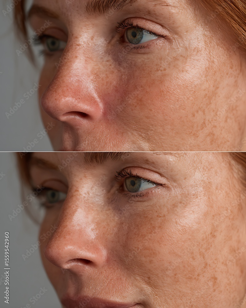 Fototapeta premium before-after redness around nose vs even-toned skin, White woman,
